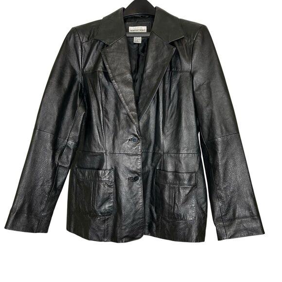 Women's Vintage Leather Jacket Black Blazer Style Size 14 Two Button Front 90s - Picture 1 of 14